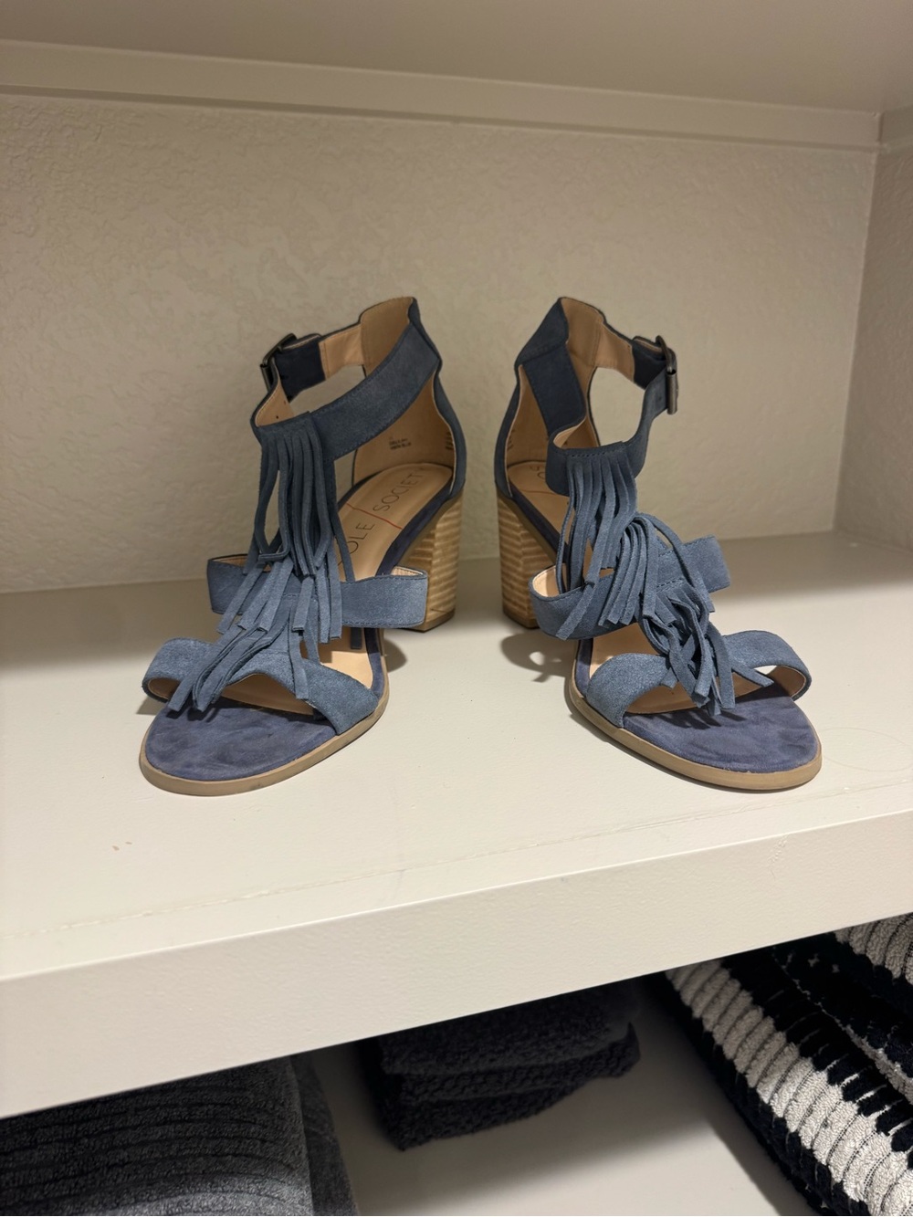 Sole Society Blue Suede Fringed Ankle-Wrap Wedge Sandals